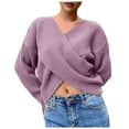 thumbnail image 1 of Ediodpoh Women Fashion Solid Crop V Neck Long Sleeve Knit Sweater Pullover Knit Tops for Women Purple L, 1 of 5