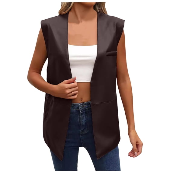 Fgnfyis Women Fashion Solid PU Leather Vest Casual Cardigan for Women Sleeveless Vest Coat Top Coffee S