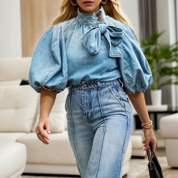 Ediodpoh Women Fashionable Design Lace Up High Button Blue Sleeve Jacket Denim Top Womens Summer Tops Blue S