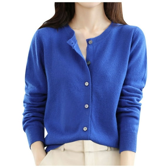 Ediodpoh Women Knitted Spring and Autumn Round Neck Sweater Long Sleeve Solid Color All Cardigan Jacket Cardigan Sweaters for Women Dark Blue M