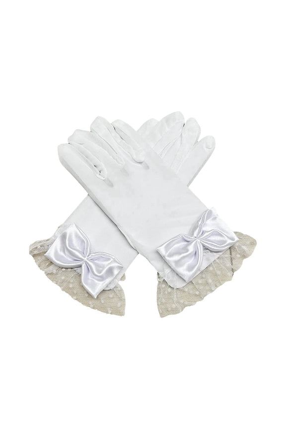 Women Lace Gloves with Bow Detail Short Elegant Glove for Wedding Party and Evening Sun Protection Accessories White
