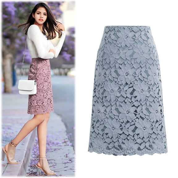 Riforla Women Lace Skirt A-Line Hollow Out Fitness SKirt Knee Length Plus SIze Skirt Women's Skirts Sky Blue L
