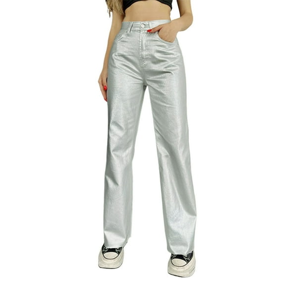 Ediodpoh Women Leather Loose Solid Pu Pants High Waist Baggy Cargo Womens Work Pants with Pockets Silver L