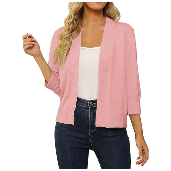 Ediodpoh Women Lightweight Lace Crochet Cardigan Three Quarter Sleeve Knit Shawl Knit Tops for Women for Layering Pink M