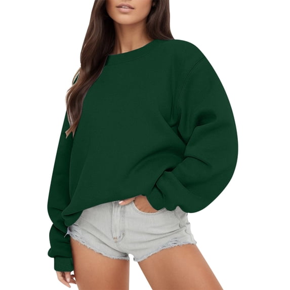 Ediodpoh Women Long Sleeve Comfortable Crewneck Loose Fit Pullover Hoodie Fall Tops Solid Color Sweatshirts for Women Dark Green L