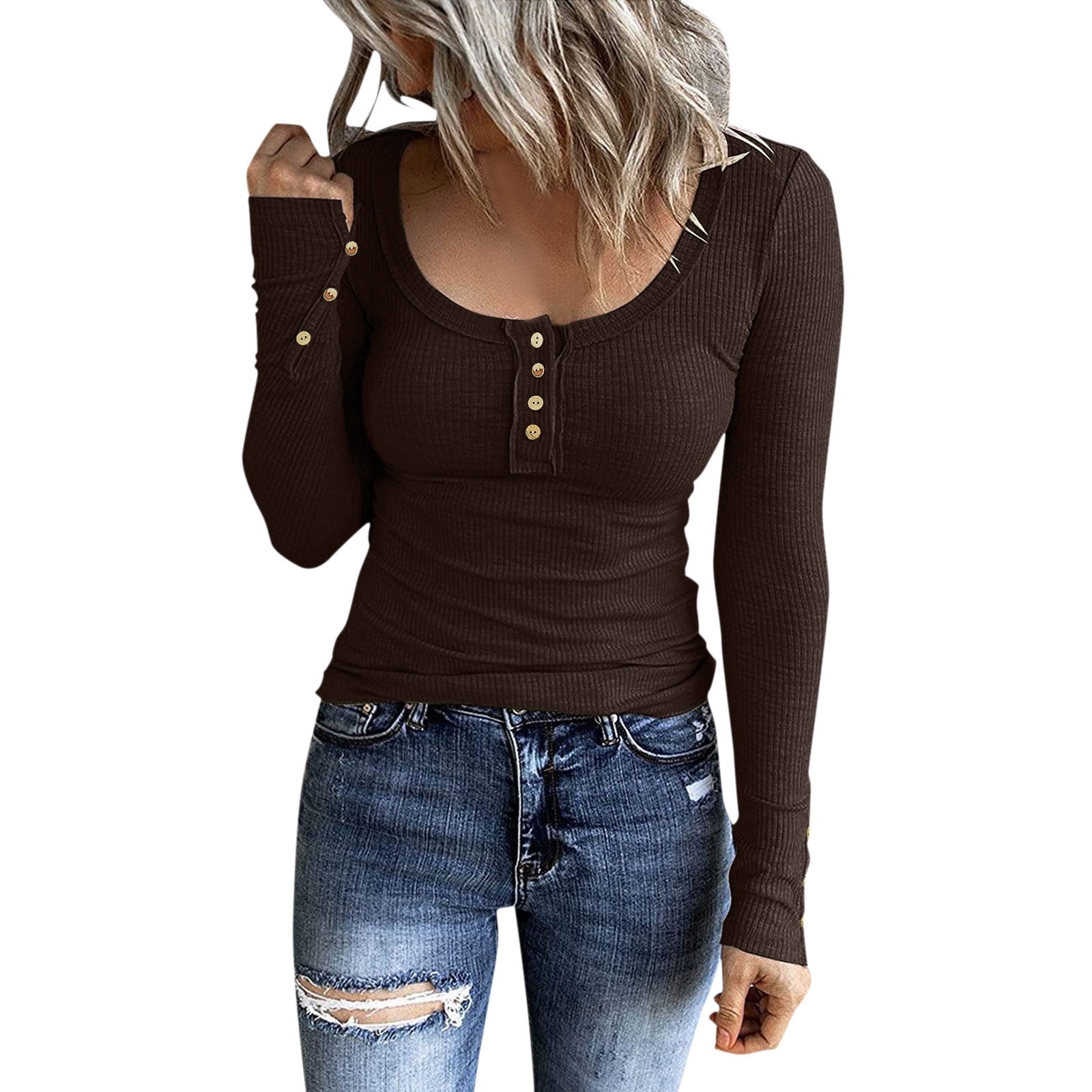 Women's Ribbed Knit Top - Buttery Soft Stretchy Slim Fit Crewneck Shirt For Work, Lounge & Going Out 5 thumbnail image
