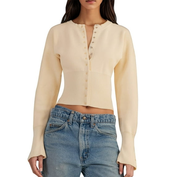 Ediodpoh Women Long Sleeve Open Front Knit Crop Cardigans V Neck Button Cardigan Sweaters for Women and Fit Beige M