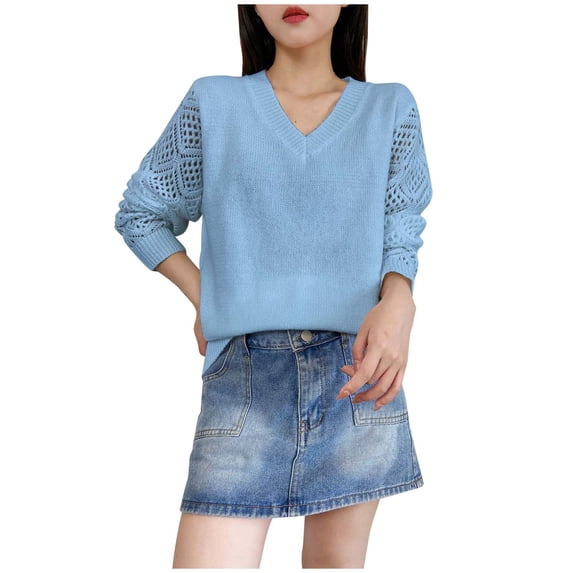 Ediodpoh Women Long Sleeve Pullover Sweaters Casual Fall V Neck Knitted Sweaters for Women Lightweight with Hollow Design Blue XL