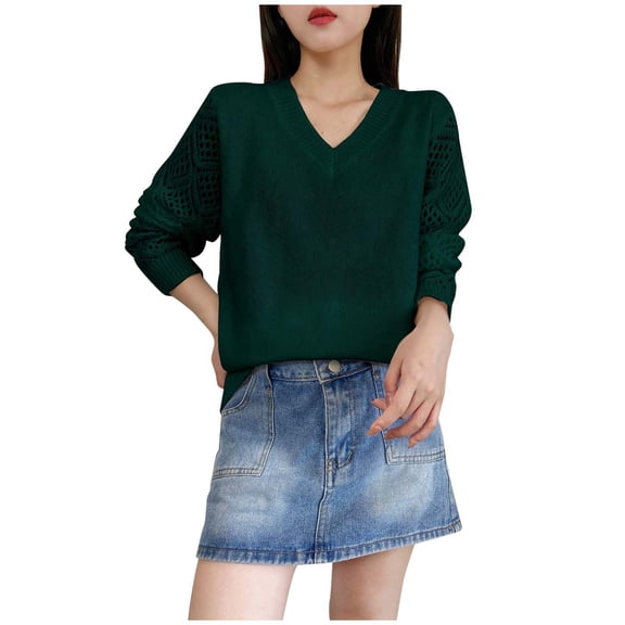 Ediodpoh Women Long Sleeve Pullover Sweaters Casual Fall V Neck Knitted Sweaters for Women Lightweight with Hollow Design Green M