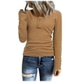 thumbnail image 1 of Ediodpoh Women Long Sleeve T Shirts Button Down Slim Fit Tops Neck Ribbed Knit Shirts Womens Tshirts Khaki S, 1 of 9