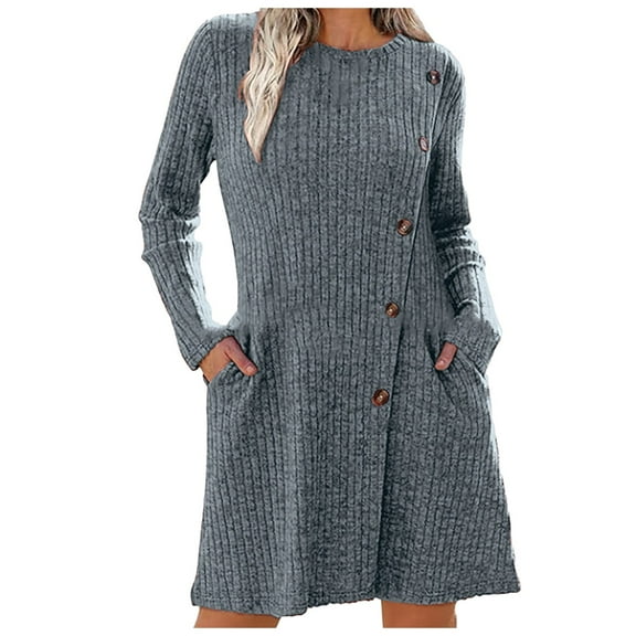 Ediodpoh Women Long Sleeved Dress with Belted Pocket Stylish Sweater Dress for Fall and Winter Fashion Blue XXL