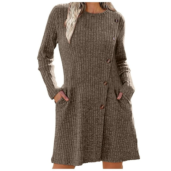 Ediodpoh Women Long Sleeved Dress with Belted Pocket Stylish Sweater Dress for Fall and Winter Fashion Grey S