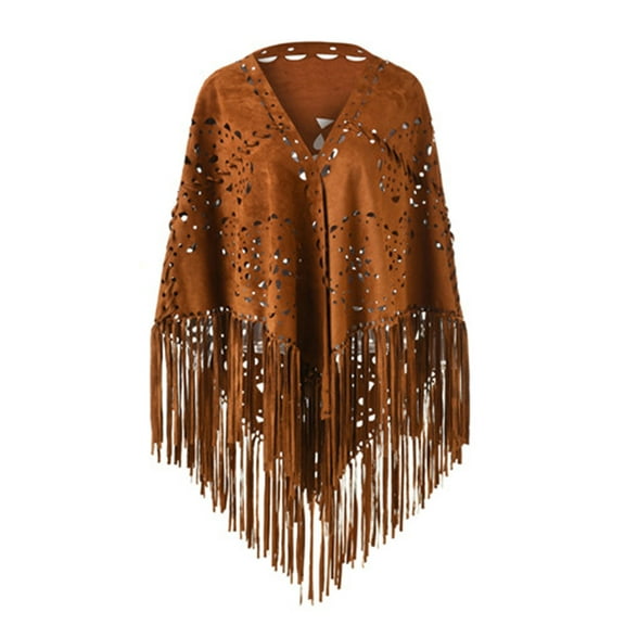 Riforla Women Loose Suede Fringes Open Cape Poncho Scarf with Punch Pattern Graceful Bohemian Style Shawl Brown