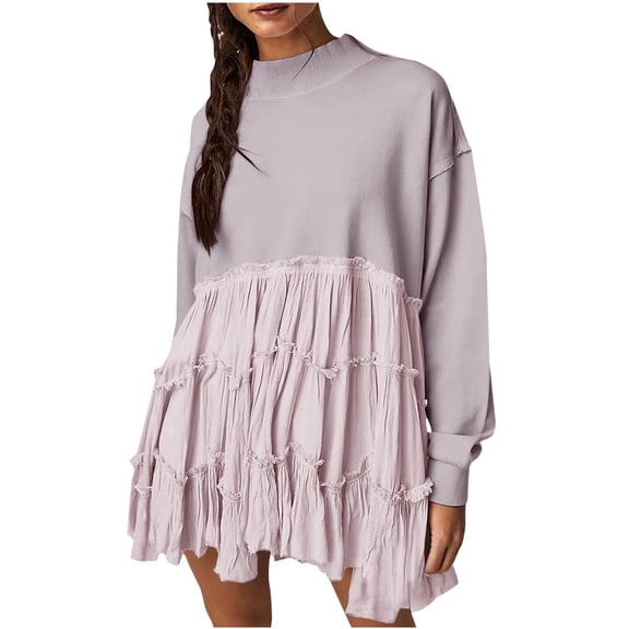 Riforla Women Oversized Pullover Sweatshirt Dress Long Sleeve Neck Patchwork Ruffle Loose Top hoodies and sweatshirts Purple L