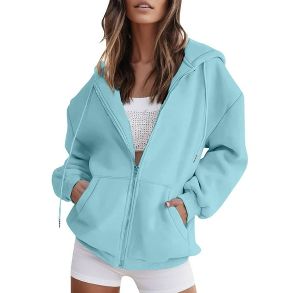 Ediodpoh Women Oversized Zip up Hoodie Sweatshirt Girl Fall Casual Drawstring Jacket with Pockets Hoodies for Women Blue XL
