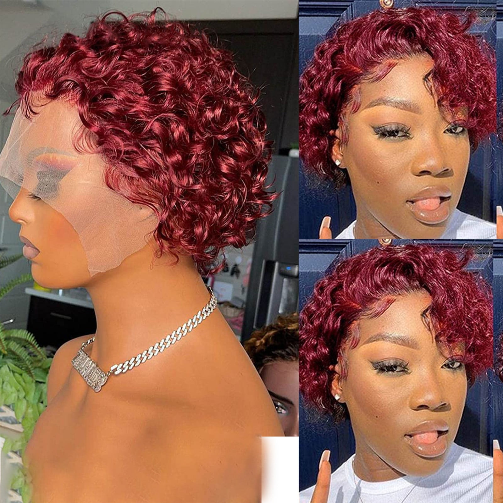human hair wigs for women Wine Red Brazilian Short Wavy Curly Parting High Temperature Fiber Wig Hair Adult Female Costume Wigs Toupees Red