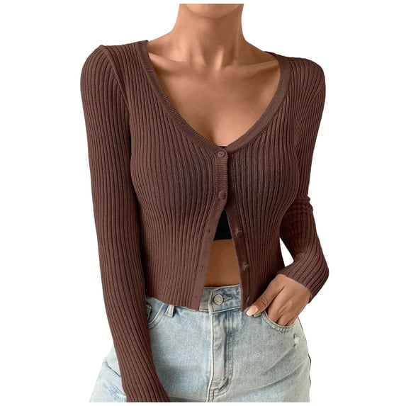 Ediodpoh Women Ribbed Knit Button Down V Neck Lightweight Cropped Cardigan Sweaters for Women Coat Tops Coffee XL