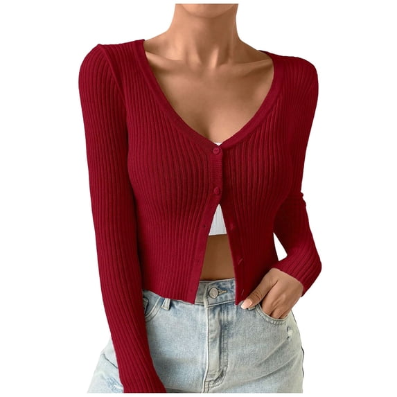 Ediodpoh Women Ribbed Knit Button Down V Neck Lightweight Cropped Cardigan Sweaters for Women Coat Tops Red M