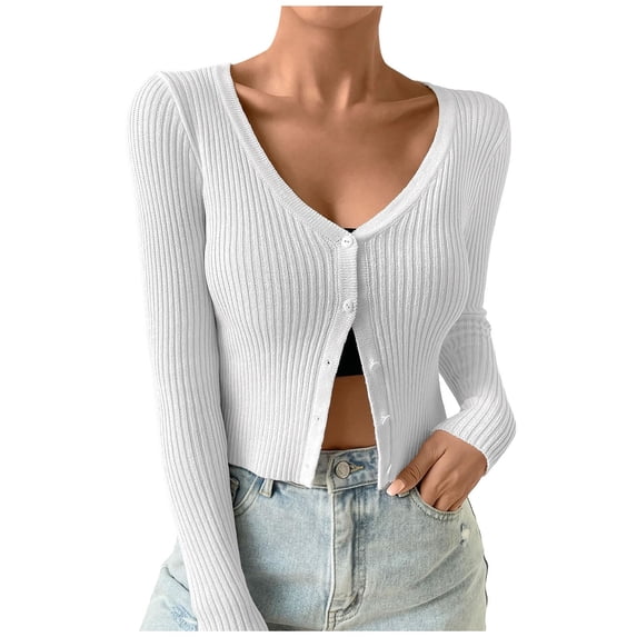 Ediodpoh Women Ribbed Knit Button Down V Neck Lightweight Cropped Cardigan Sweaters for Women Coat Tops White M