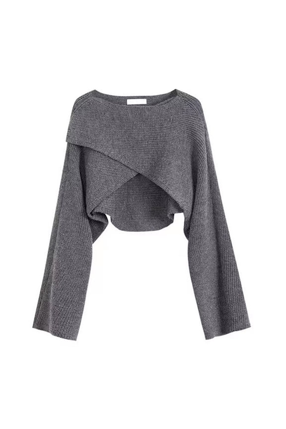 Ediodpoh Women Short Knit Sweater Long Sleeve Solid O Neck Irregular Hem Sweaters for Women Loose Pullovers for Daily Grey