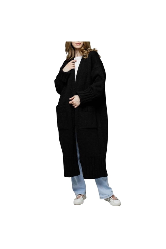 Ediodpoh Women Solid Color Hooded Patchwork Batwing Sleeve Open Sweater Knitted Cardigan for Women Black S