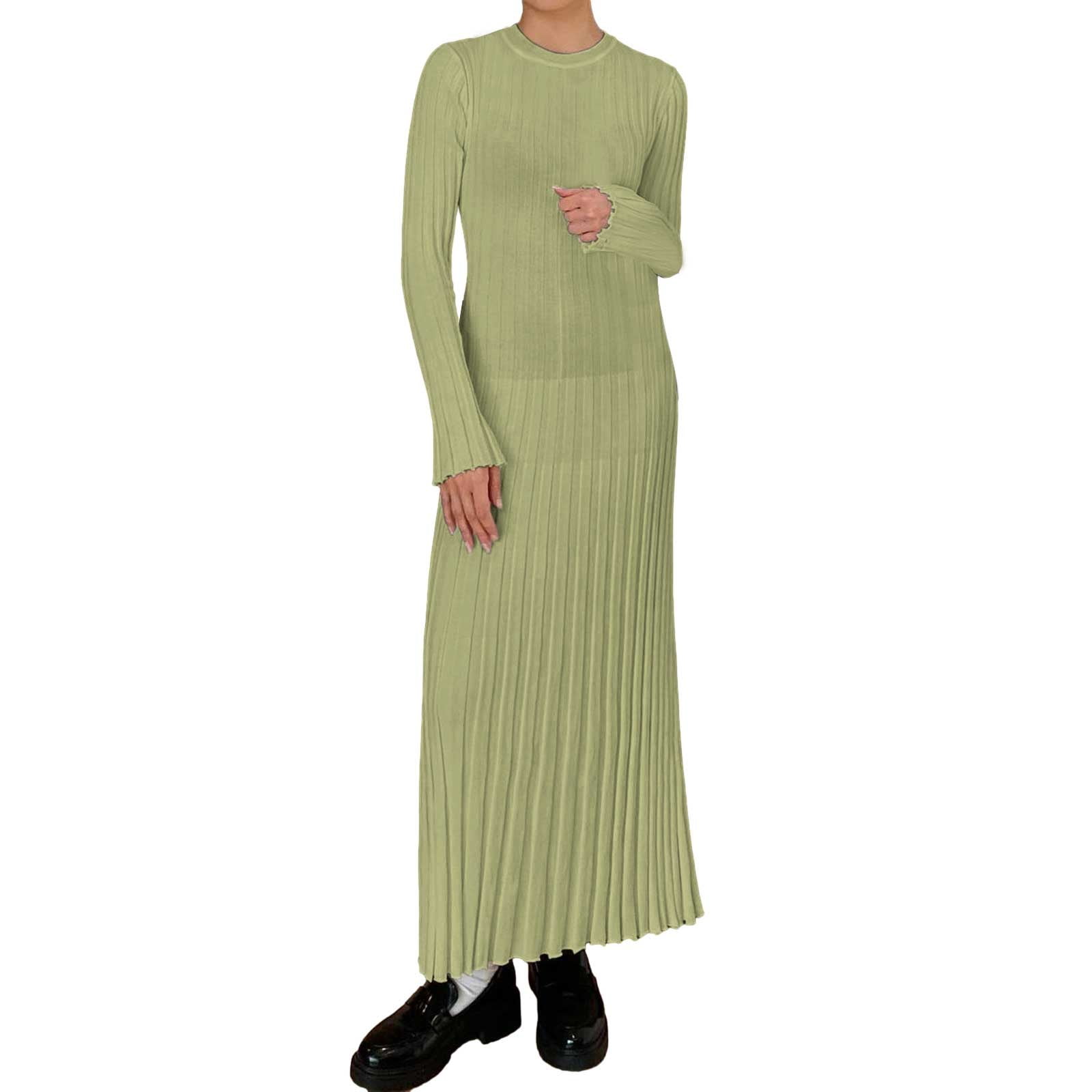 Ediodpoh Women Solid Color Knitted Dress Casual Waist Round Neck Large ...
