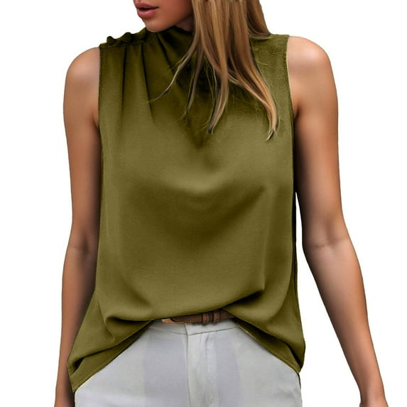 Ediodpoh Women Solid Elegant Refined Semi High Neck Pullover Sleeveless Top Women's Tops Green S