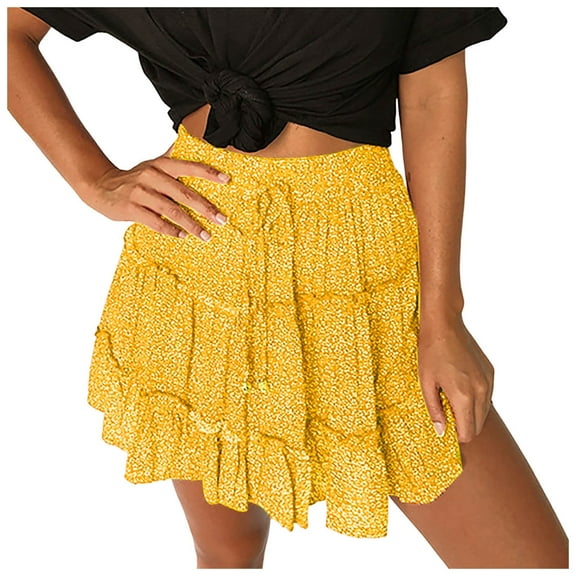 Riforla Women Summer Cute High Waist Ruffle Skirt Floral Print Swing Beach Mini Skirt Women's Skirts Yellow S