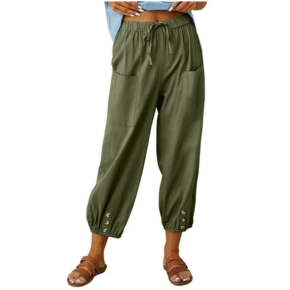 Riforla Women Summer High Waisted Button Wide Leg Long Pant Trousers with Pocket Comfy Casual Loose Cropped Pants Womens Sweatpants Army Green S