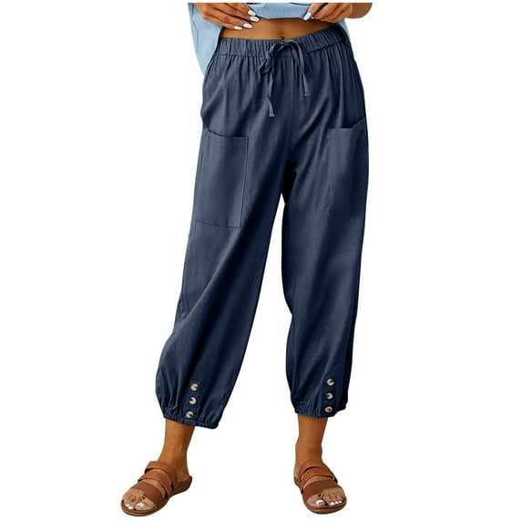 Riforla Women Summer High Waisted Button Wide Leg Long Pant Trousers with Pocket Comfy Casual Loose Cropped Pants Womens Sweatpants Navy XL