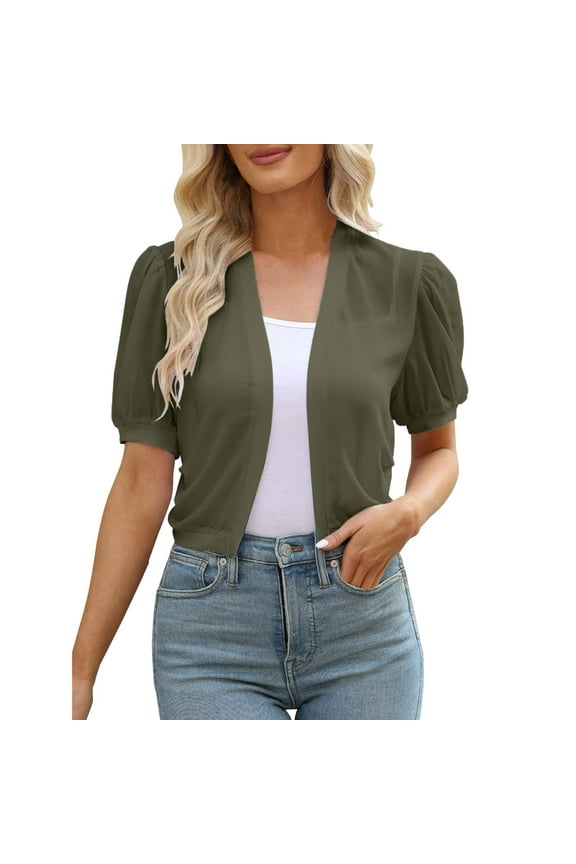 Women Summer Open Front Sheer Short Sleeve Ruffle Cropped Chiffon Capes Bolero Shrug Cardigan Womens Cardigans AG M