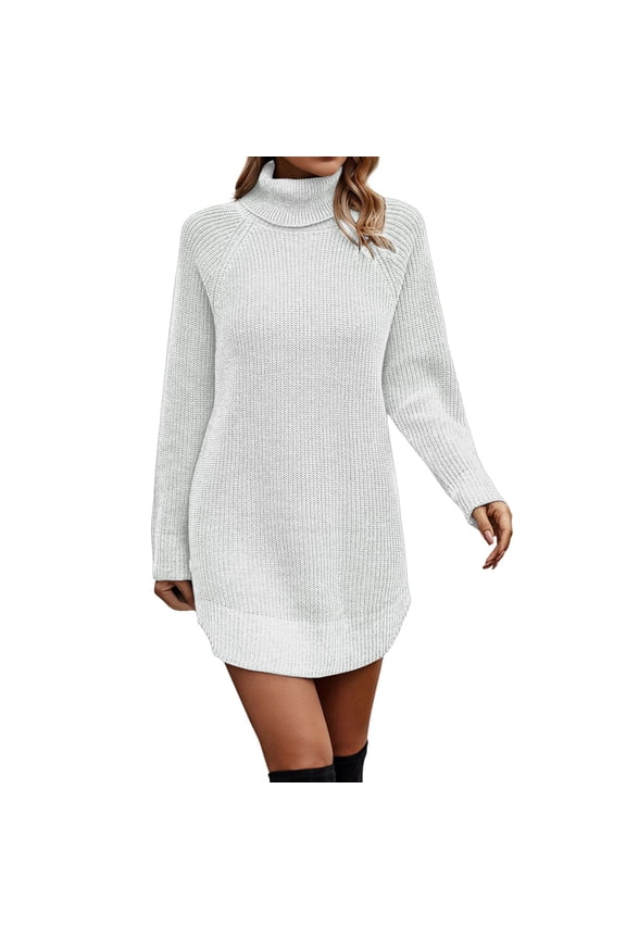 Women Turtleneck Long Sleeve Knit Elasticity Slim Sweater Dress Sweater Dress for Women White S
