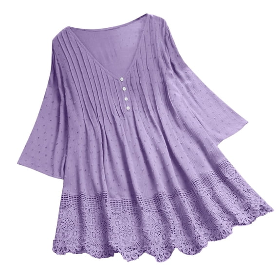 Fgnfyis T Shirts for Women Women Three Quarter Lace V Neck Plus Size Top T Shirt Blouse Casual Comfortable Womens Tops Purple XXXL