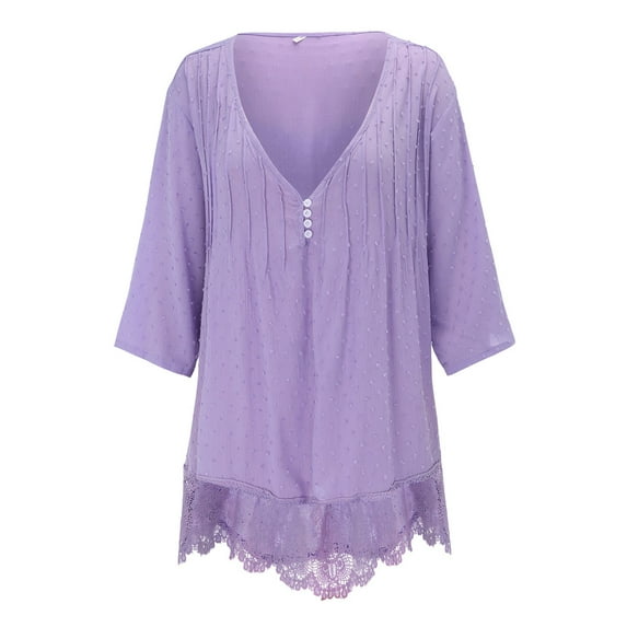 Ediodpoh Women Vintage Three Quarter Lace V Neck Plus Size Top T Shirt Blouse Womens Tops Purple XXXL
