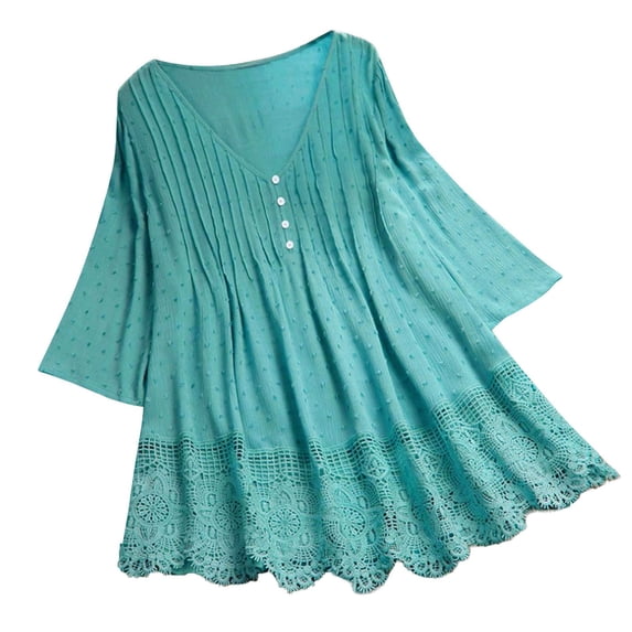 Fgnfyis Womens Tops Women Three Quarter Lace V Neck Plus Size Top T Shirt Blouse Comfortable Fit T Shirts for Women Green XXL