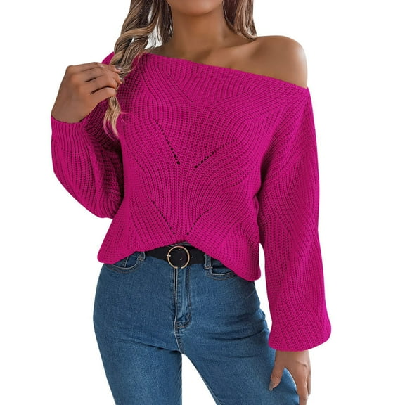 Ediodpoh Women off The Shoulder Knit Top Long Sleeve Going Out Spring Fashion Sweaters for Women with Sleeves Hot Pink S