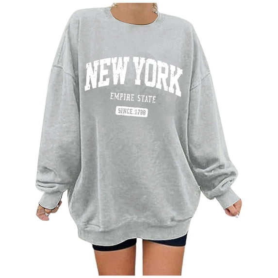 Ediodpoh Women's Autumn Winter Letter Printed Round Neck Long Sleeve Casual Sports Sweatshirts for Women With Light Gray XXL