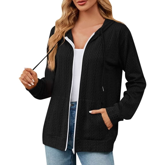 Ediodpoh Women's Autumn Winter Loose Long Sleeve Hooded Zipper Cardigan for Women Pocket Sweater Black S