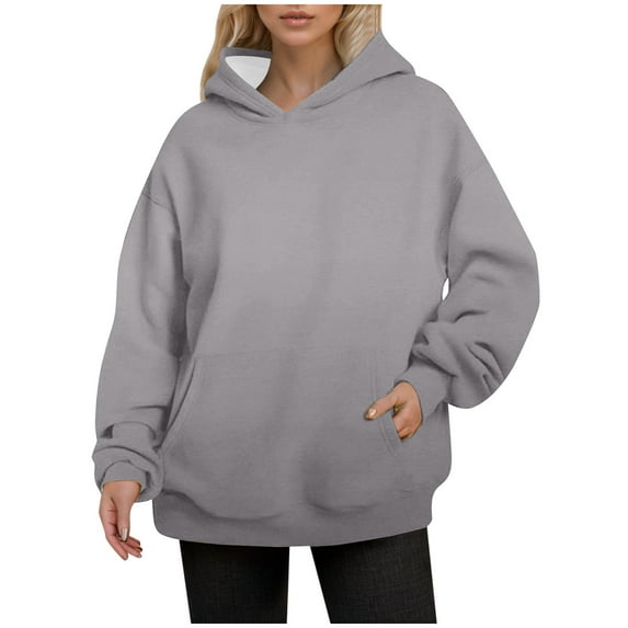 Fgnfyis Women's Autumn and Winter Solid Color Thin Style Plus Size Pocket Long Sleeved Hooded Sweatshirt Pullover Sweatshirt Womens Hoodies Grey XXXL