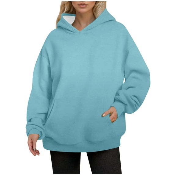 Ediodpoh Women's Autumn and Winter Solid Color Thin Style Plus Size Pocket Long Sleeved Hooded Sweatshirt Pullover Sweatshirt Womens Hoodies Sky Blue M
