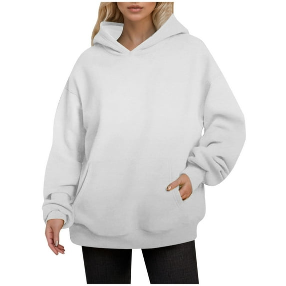Fgnfyis Women's Autumn and Winter Solid Color Thin Style Plus Size Pocket Long Sleeved Hooded Sweatshirt Pullover Sweatshirt Womens Hoodies White XXL