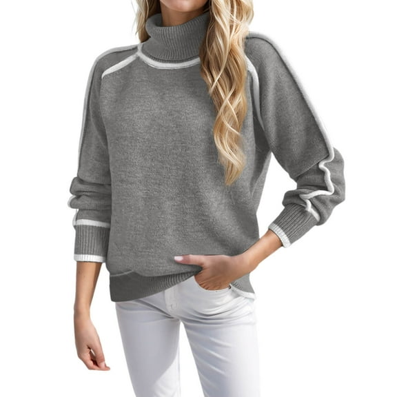 Ediodpoh Women's Autumn and Winter Knitwear Women's Pullover Long Sleeve High Neck Blouse Solid Color Loose Casual Sweater Womens Sweaters Silver XL