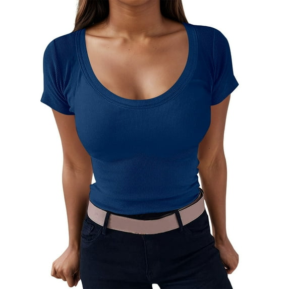 Ediodpoh Women's Basic Round Neck Short Sleeve T Shirt Casual Comfortable Stretch Ribbed Knit Top for Daily Vacation Spring Summer Womens Tshirts Blue XL