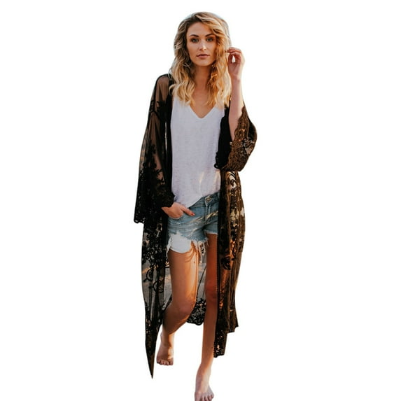 Ediodpoh Women's Beach Coat Lace Long Kimono Oversized Bohemian Cardigan for Cover up Oversized Cardigans for Women Black