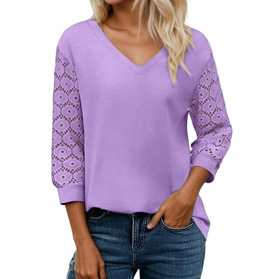 Ediodpoh Women's Casual Fashion Tops 3/4 Sleeve V Neck Lace Tunic Top Business Casual Shirt Womens Tops Casual Purple XXL