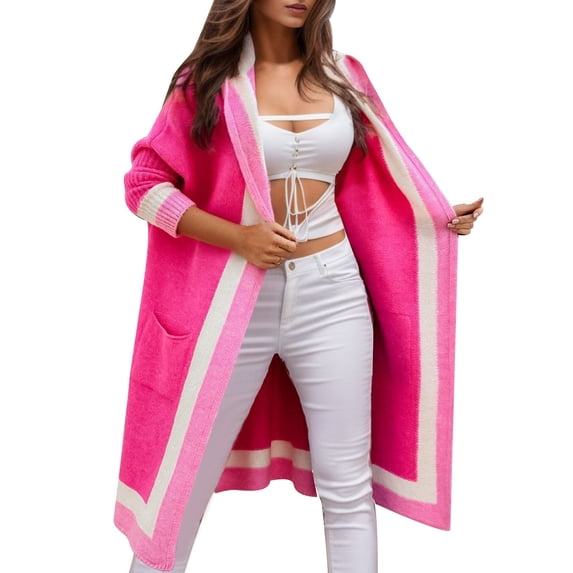Ediodpoh Women's Casual Hooded Long Cardigan Sweater for Autumn and Winter Warm Long Cardigan Sweaters for Women Hot Pink M