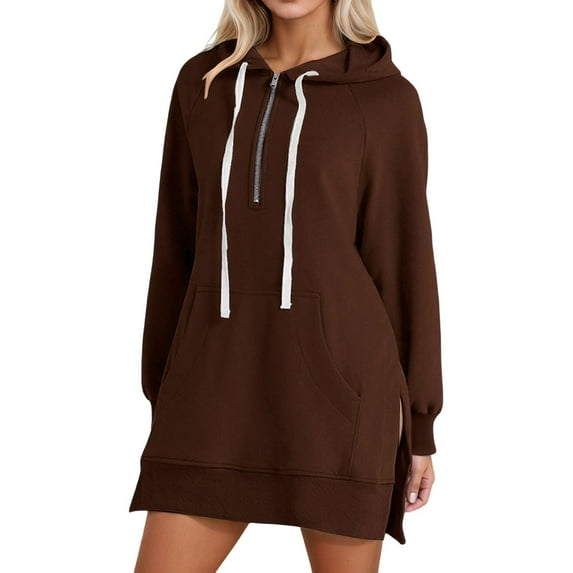Ediodpoh Women's Casual Long Sleeve Hooded Sweatshirts for Women with Pocket Solid Color Loose Fit Comfortable Pullover for Everyday Wear Brown L
