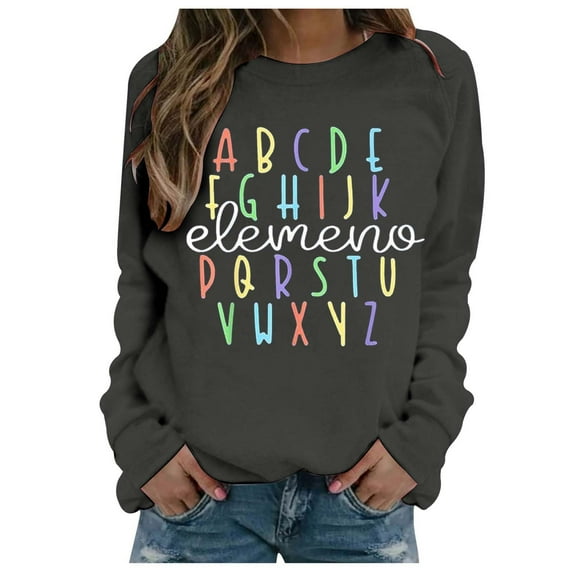 Ediodpoh Women's Casual Long Sleeve Round Neck Letter Line Print Sweatshirts for Women Hoodless Pullover Top Dark Gray XL