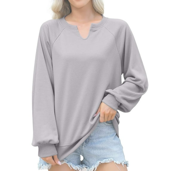 Ediodpoh Women's Casual Long Sleeve V Neck Sweatshirt Loose Fit Pullover Top Soft Comfortable Solid Color Blouse for Spring Autumn Everyday Wear Womens Sweatshirts Light Gray XL