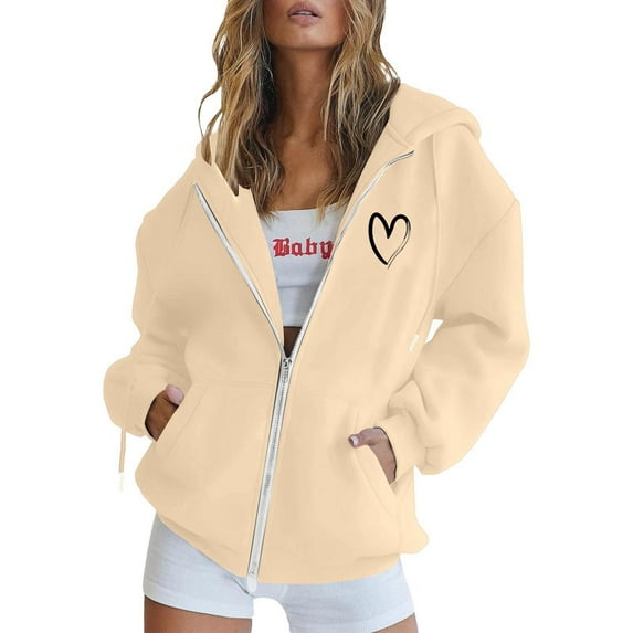 Ediodpoh Women’s Casual Printed Zip up Hooded Womens Sweatshirts with Pockets Long Sleeve for Everyday Wear in Winter Season Beige XXL